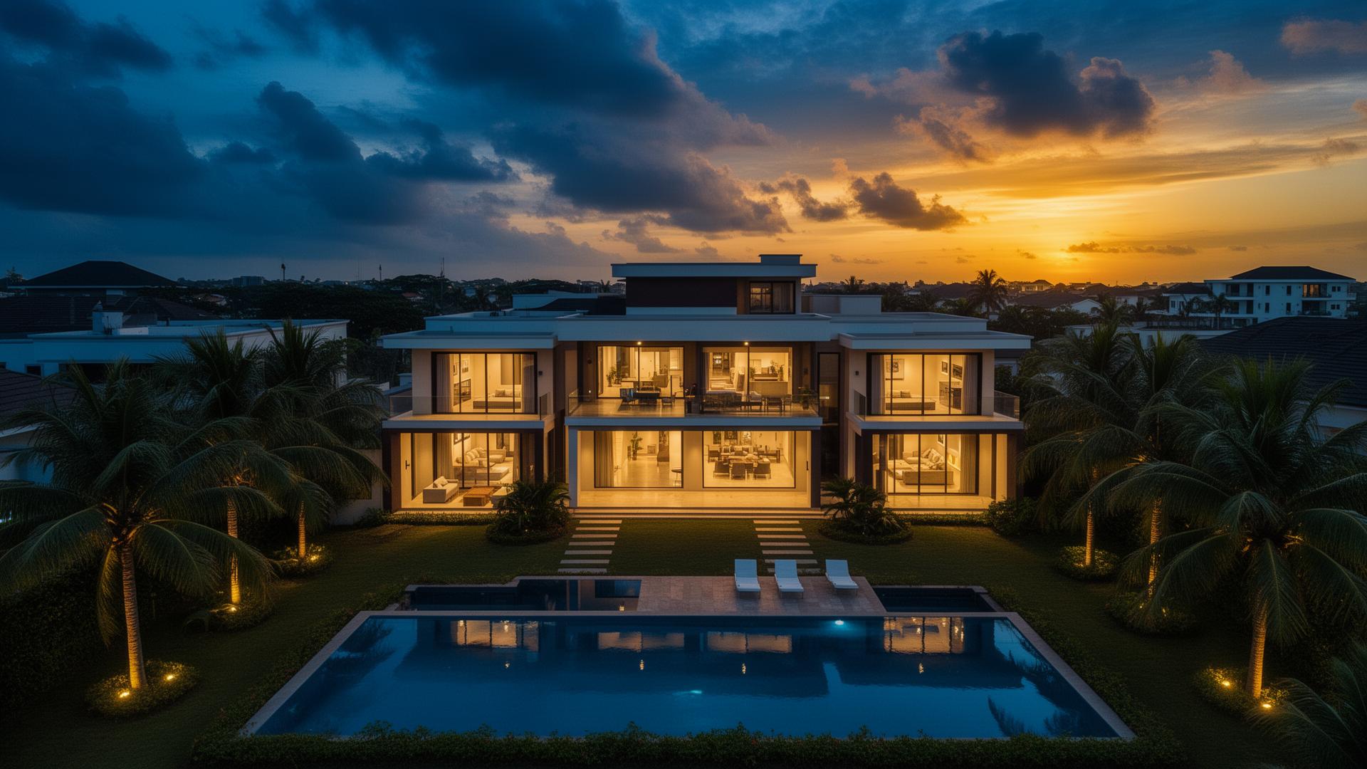 Luxury duplex estate at dusk